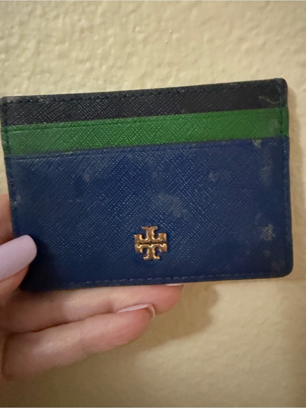Tory Burch Blue, Green & Navy Saffiano Leather Card Holder AS IS USED
